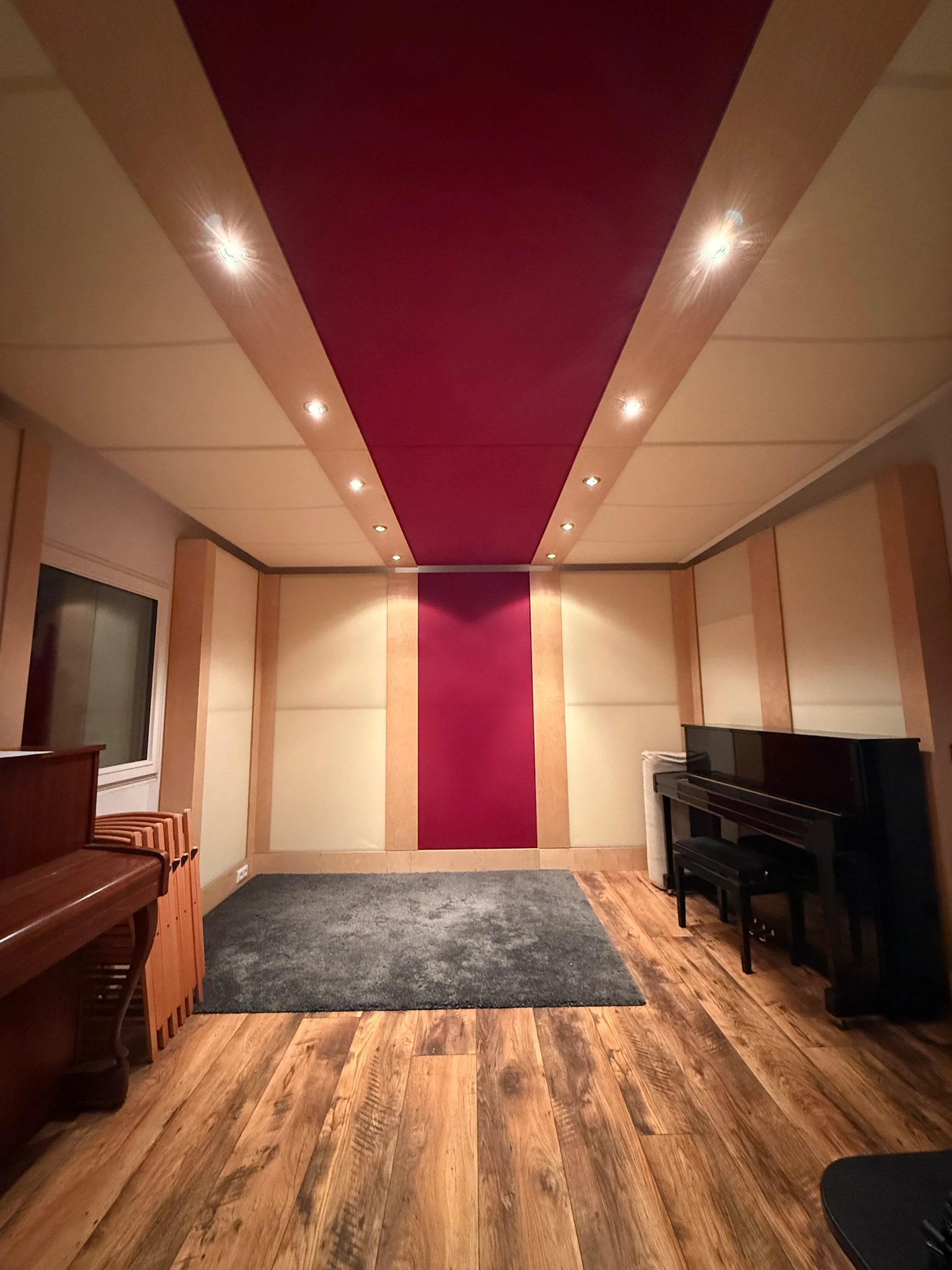 Live room showing burgundy acoustic panels, wood ceiling, and window to the control room